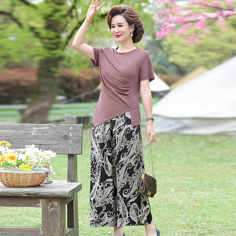 Mother Dress Summer Suit New Middle-Aged And Elderly Women Skirt Two-Piece Set Large Size Fashion Short-Sleeved Chiffon Top details Picture
