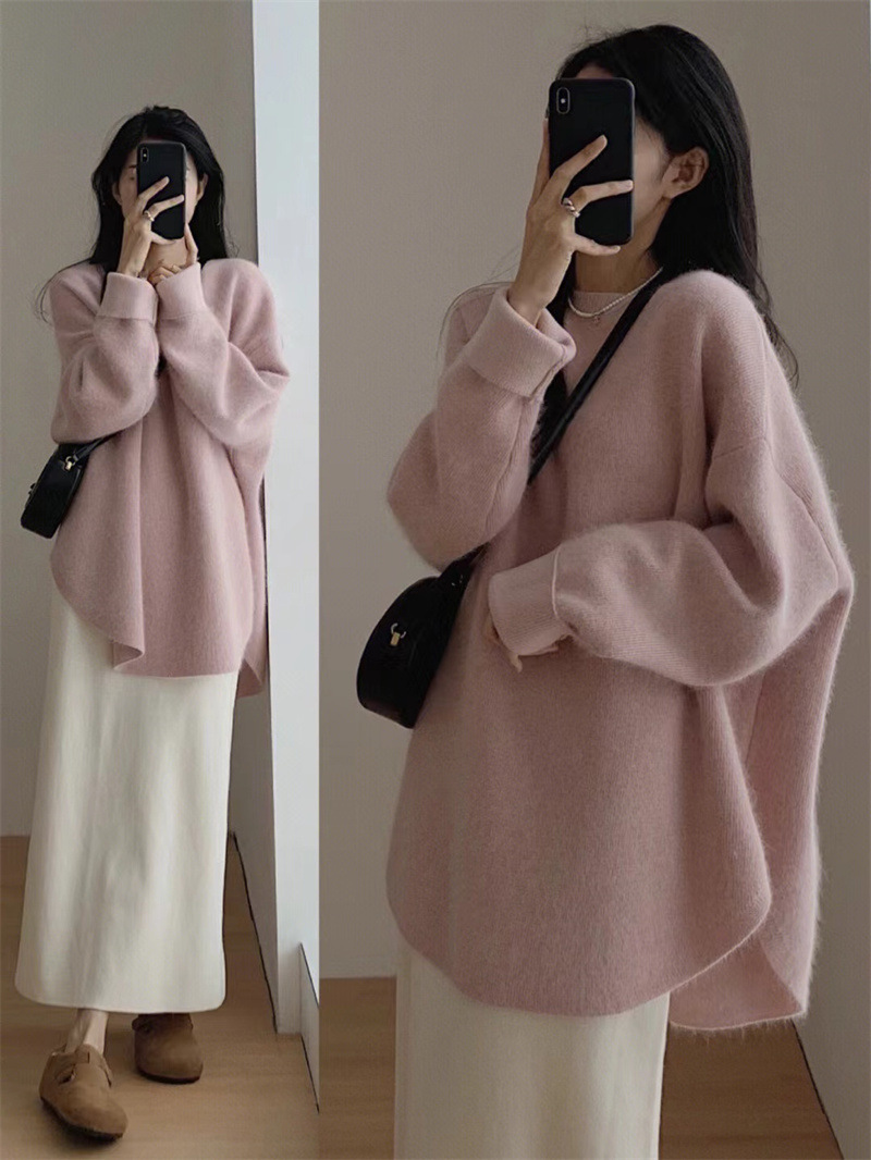 Solid-color pullover knitted sweater for women's autumn and winter 2023 new style, thickened design, niche, loose and laid-back style for outerwear
