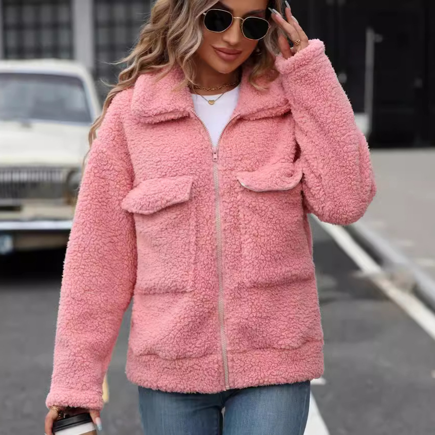 Flash 2024 Cross-Border Women's Autumn And Winter New Amazon Europe And The United States Loose Lapel Large Pocket Zipper Plush Coat