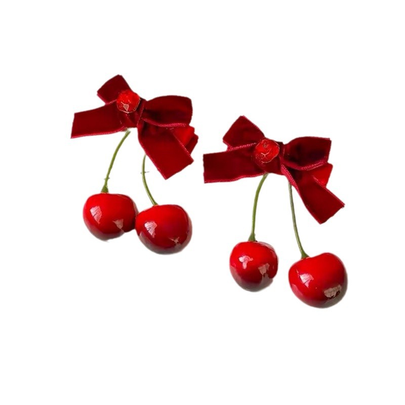 Winter Vibe Cherry Red Velvet Hair Clip With Bow New Year Children's Red Festive Festive Hair Clip Item Picture