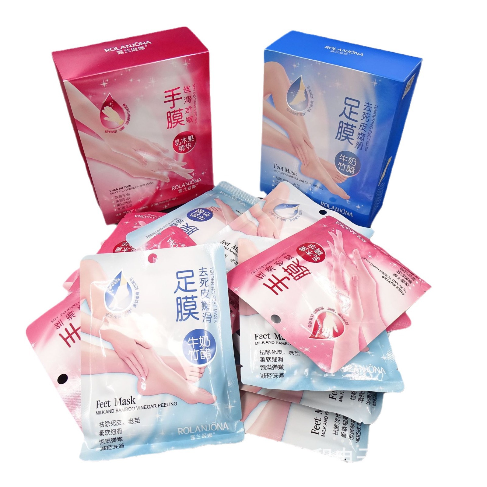 跨境牛奶Feet Mask/Hand Mask滋润补水保湿去角质去老茧脚膜手膜白底实物图