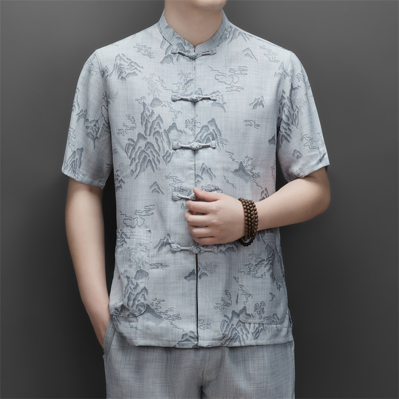 Chinese trend Tang suits for men, summer suits for middle-aged and elderly fathers, summer short-sleeved Chinese-style clothes for elderly men and grandfathers, 70 years old Specification image
