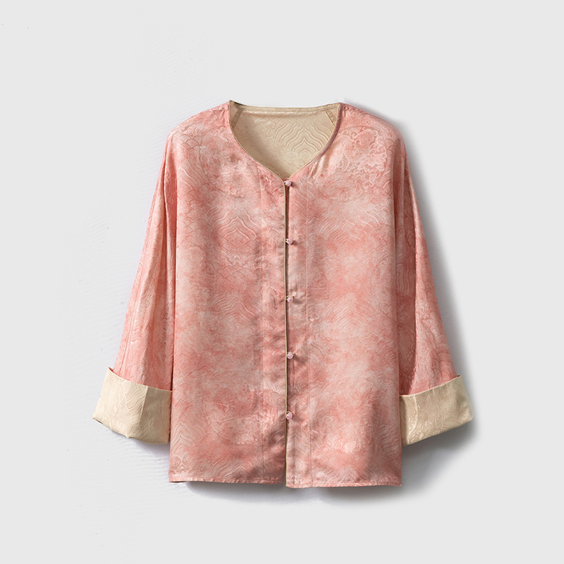 A light Chinese style jacquard coat with grass and wood dyeing on both sides, a new Chinese style flower lily top, and a mulberry silk round-neck cardigan for women Specification image