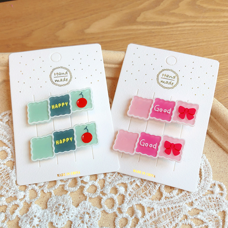 New Korean-style fresh and clean acrylic hair clips, children's small square fruit press clips, girls' bangs clips, cute side clips Specification image