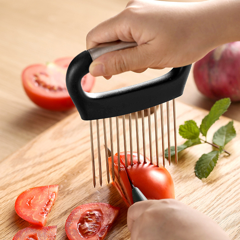 Acero inoxidable cebolla slicer guardamanos rebanadas ternera fruta verduras cebolla agujas herramientas de cocina Specification image