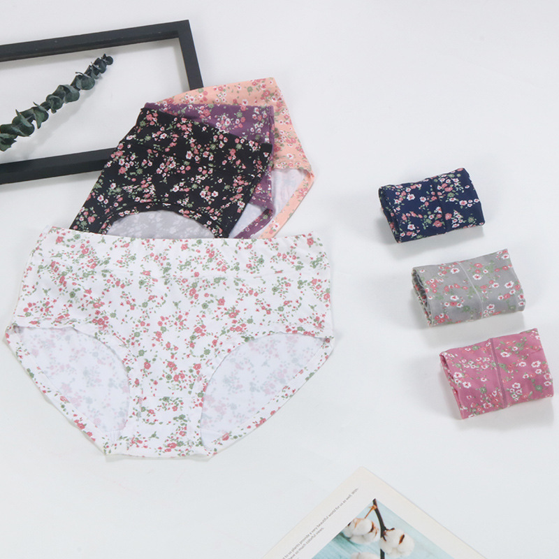 High-waisted women's underwear for foreign trade, comfortable for pregnant women, breathable and cute with small floral patterns, large-sized underwear