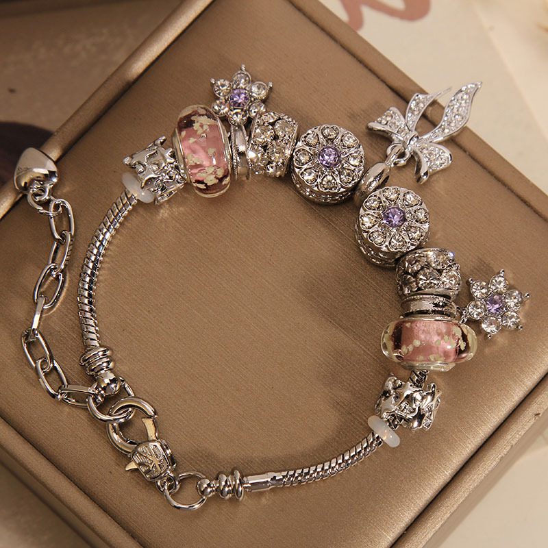 Pan Family style pink glass bead bracelet, women's Instagram light luxury, niche and exquisite ribbon pendant, best friend gift bracelet Item Picture