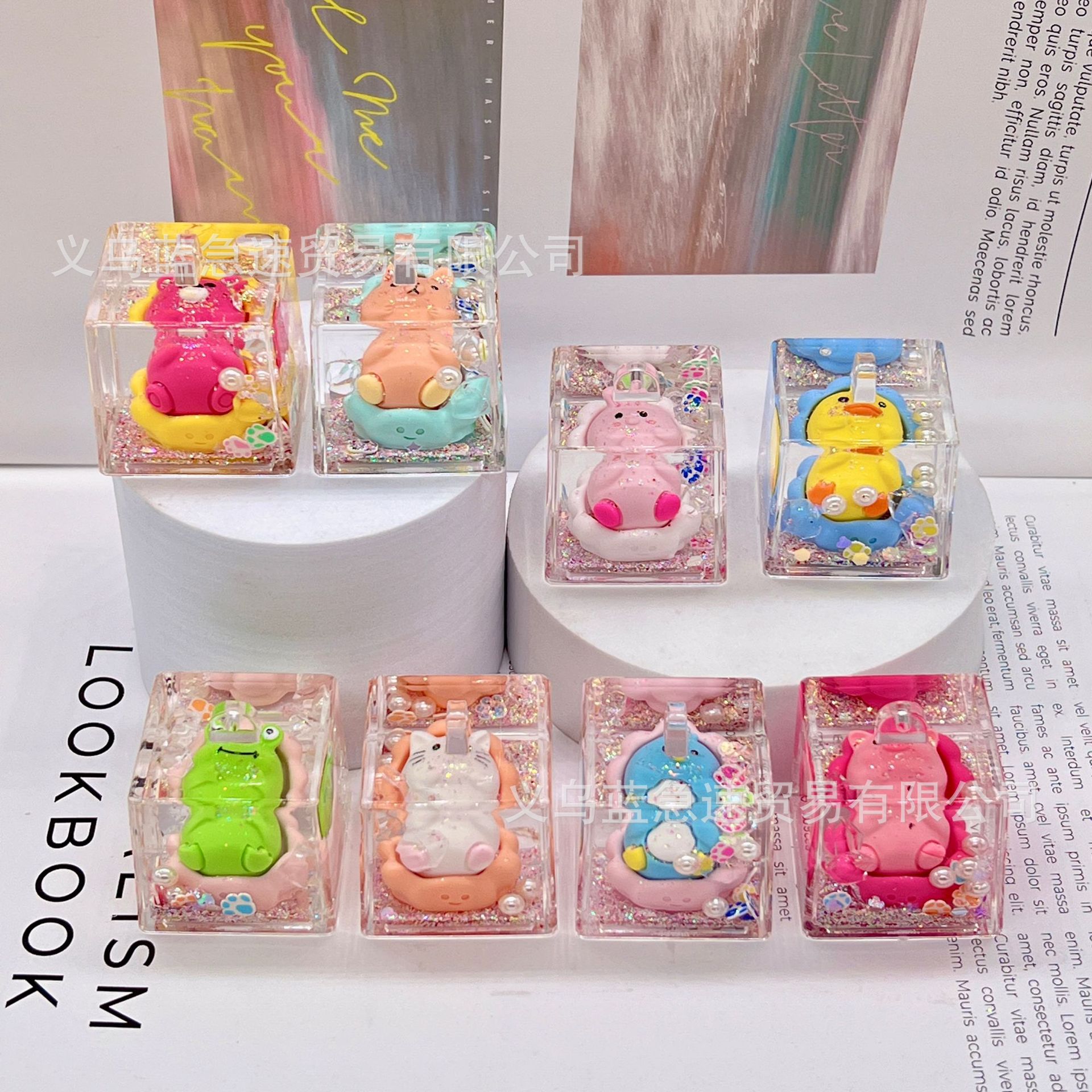 Tiktok Boom Acrylic Into Oil Quicksand Bottle Glow-In-The-Dark Square Sticky Doll Lying Bear Key Chain Accessories Pendant Wholesale