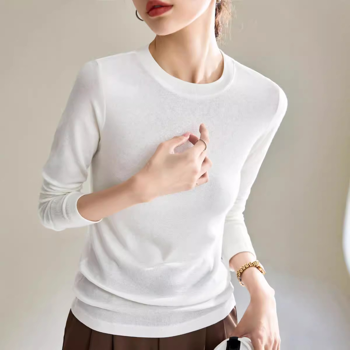 Tencel wool mask shirt base layer with long-sleeved T-shirt for women's 2025 Spring new commuter slimming top
