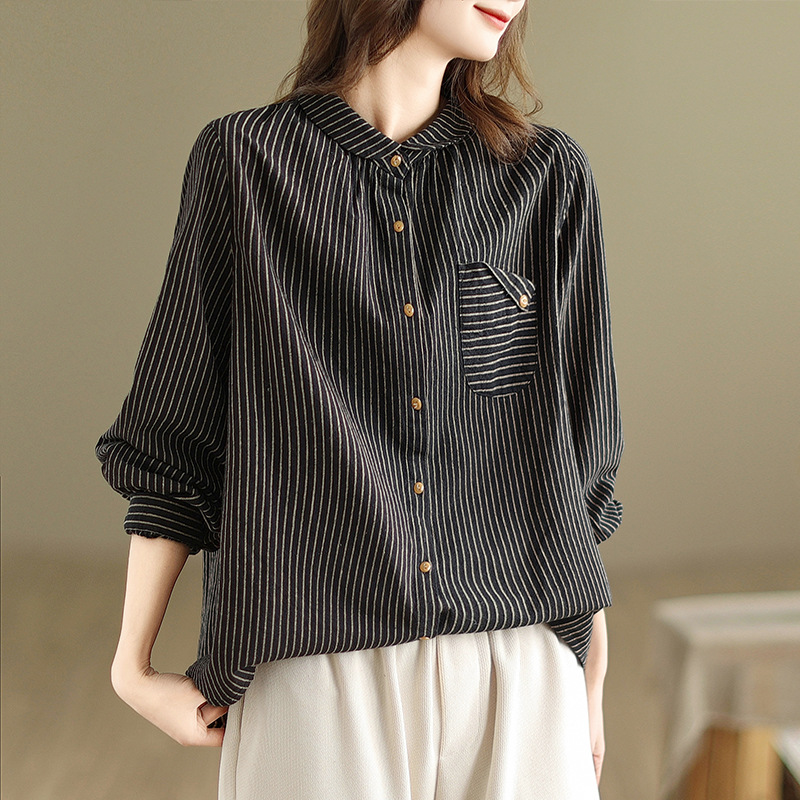 Artistic cotton and linen striped long-sleeved shirt for women, loose 2024 autumn new style plus-size top, loose and slimming shirt for women details Picture