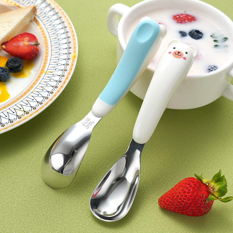 316 stainless steel children's spoons, two-color bear gold ingot spoons, baby eating training spoons, wholesale of mother and baby products Specification image