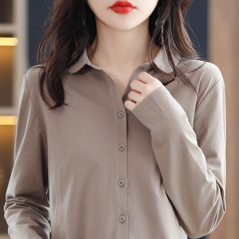 2023年春季新款韩版女式Polo领长袖女式外搭针织修身衬衫女图