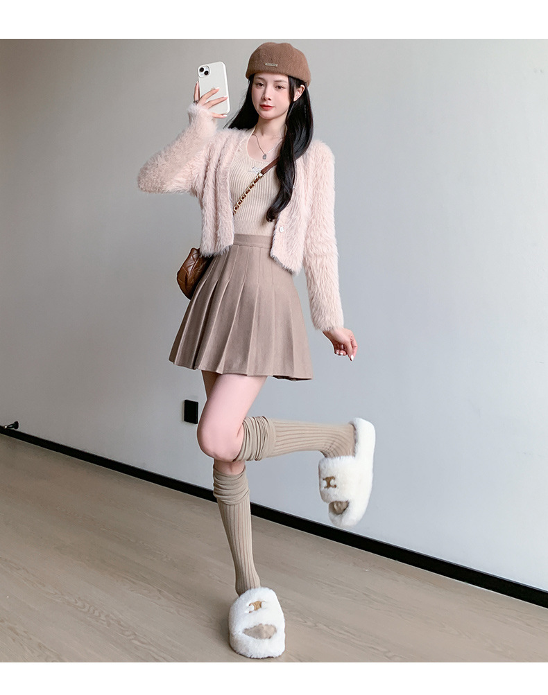 New pleated skirt for women in autumn and winter, thickened woolen short skirt, high-waisted Korean A-line slimming, large-sized skirt pic 37