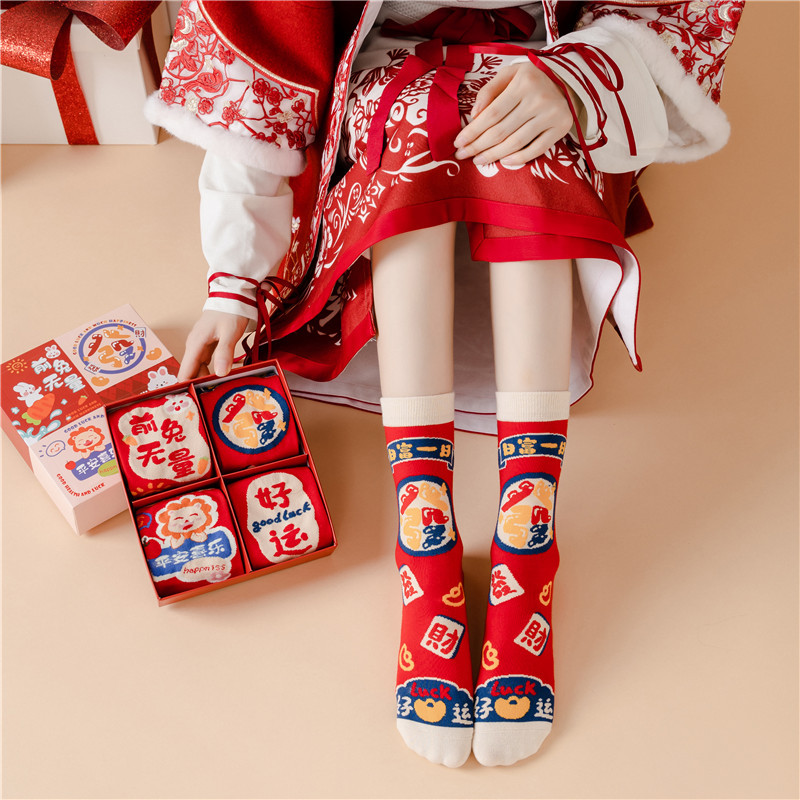 秋冬袜子可爱棉女生中筒兔年女袜子批发ins长袜新年本命年红袜子