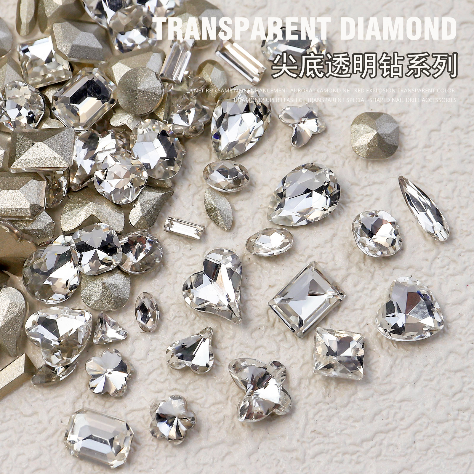Mejia K9 jewelry transparent diamond super flash crooked heart axe diamond drop fat square butterfly white diamond nail accessories wholesale full figure