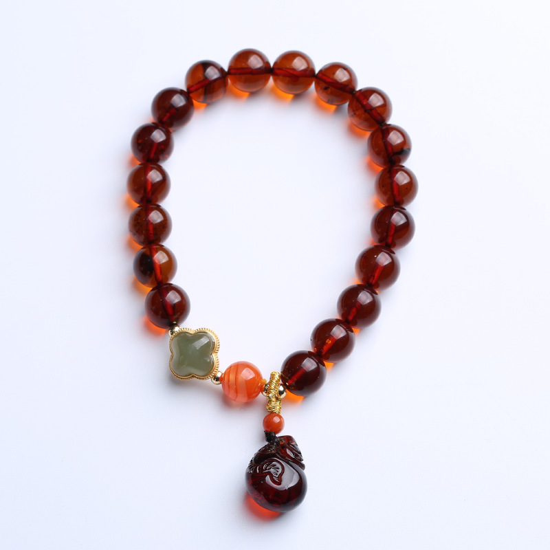 Natural blood amber round bead single-loop bracelet for women, Hetian jade four-leaf clover lucky bracelet, DIY blood amber money bag accessories Item Picture
