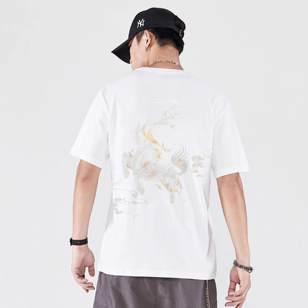 Summer new national trend Chinese-style Qilin embroidery loose and plump pure cotton half-sleeved T-shirt, social short-sleeved T-shirt for men Specification image