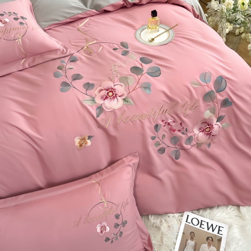 Solid-color embroidered Chinese-style four-piece set of bed sheets, duvet covers, duvet covers, brushed bedding, skin-friendly and elegant cotton wedding set Specification image