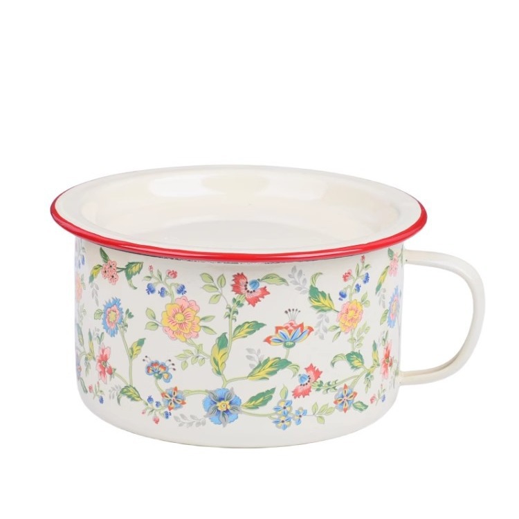 Red-rimmed old-fashioned enamel instant noodle bowl with lid, thickened student fast food cup, cafeteria tea and rice bowl, lunch box, nostalgic soup bowl Item Picture