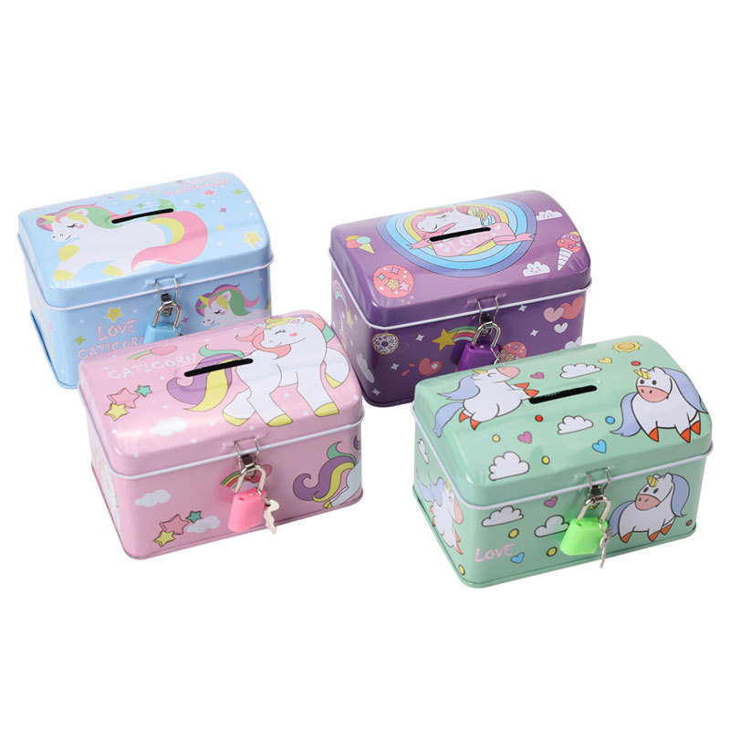 DME056 Unicorn Cartoon Lockable tinplate Piggy Bank, Kuromi Book Safe, Children's Piggy Bank Gift Item Picture