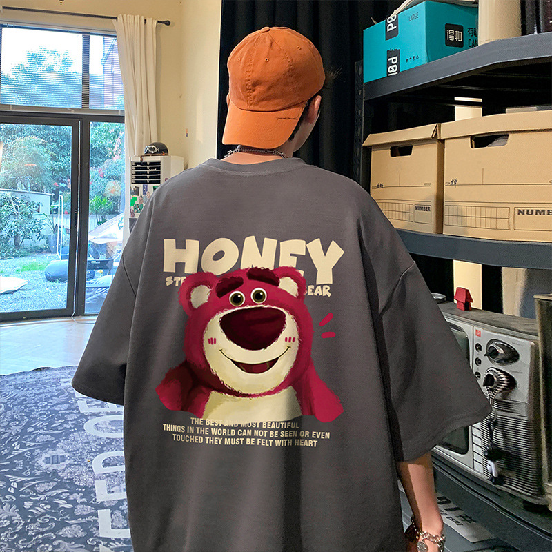 The same style of heavy-duty pure cotton short-sleeved T-shirt for men in summer, a trendy brand with a round neck and loose American strawberry bear Specification image