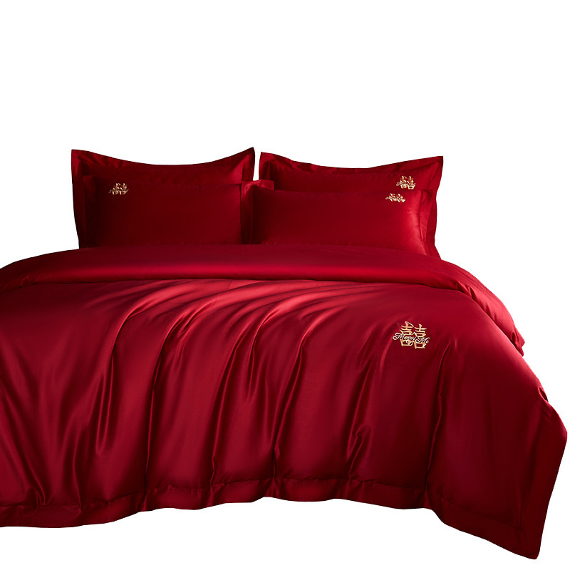 Red Wolf high-end pure cotton wedding four-piece set, simple long-staple cotton Big Red wedding multi-piece set bedding wholesale Item Picture
