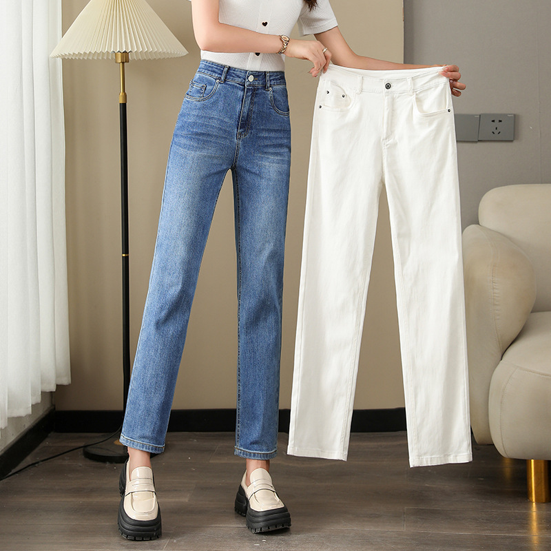 如果米白色牛仔裤女2025春现货一件代发显瘦弹力柔软九分铅笔裤