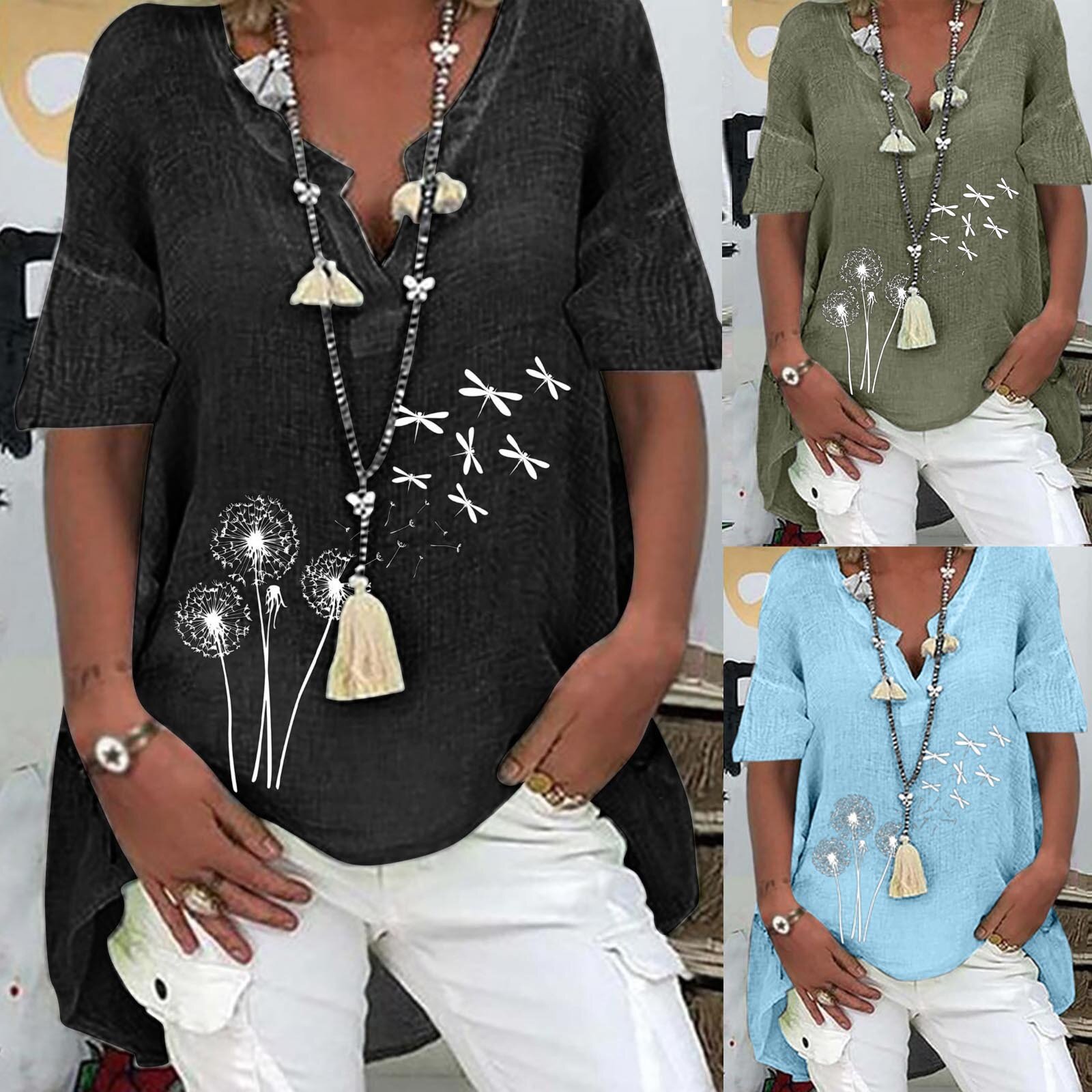 2022 Summer new Amazon women's short-sleeved printed cotton and linen shirt with irregular hem