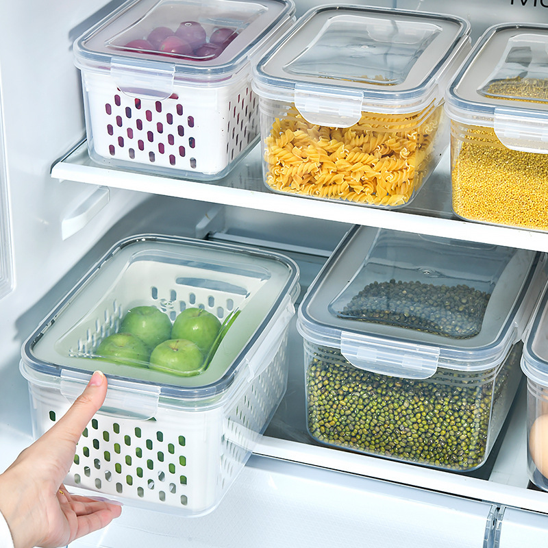 厨房食物密封保鲜盒果蔬沥水塑料置物收纳盒带盖冰箱冷冻储鲜盒子图