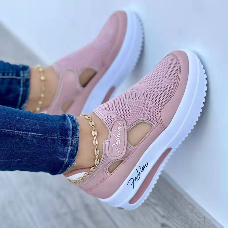 Foreign trade summer cross-border large size flying woven breathable casual single shoes wedge heel thick hollow Velcro round head women's single shoes details Picture