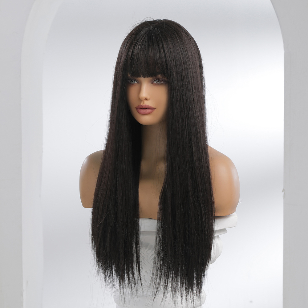 Female long hair wig, Internet celebrity style, Korean-style black long straight realistic natural wig, full head cover, machine-made chemical fiber wholesale