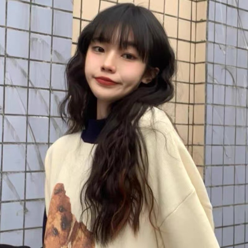 Wholesale of Japanese and Korean wigs, women's air bangs, fluffy corn perm long curls, water ripple, the same style of chemical fiber headwear as the Internet celebrities details Picture
