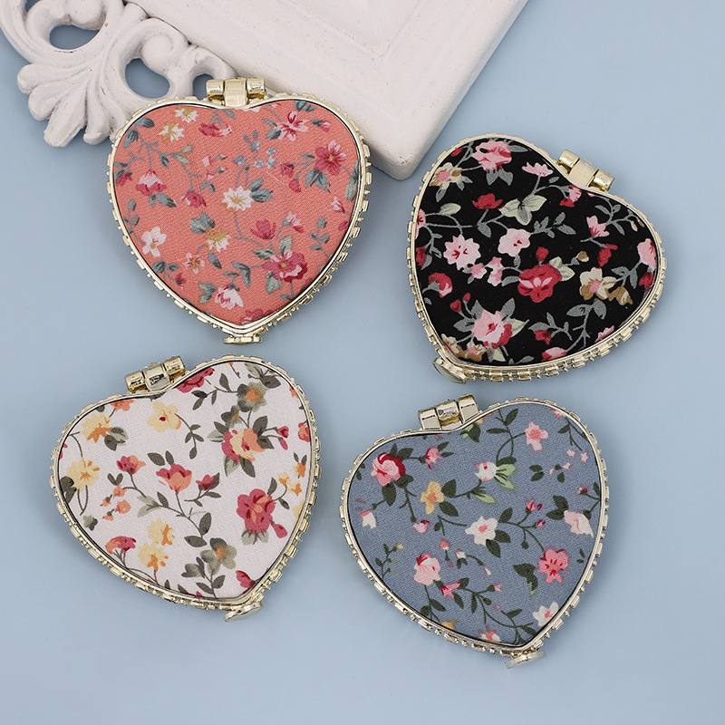 Chinese-style overseas gift, artistic and retro fabric printed, double-sided folding, portable mini makeup mirror Specification image