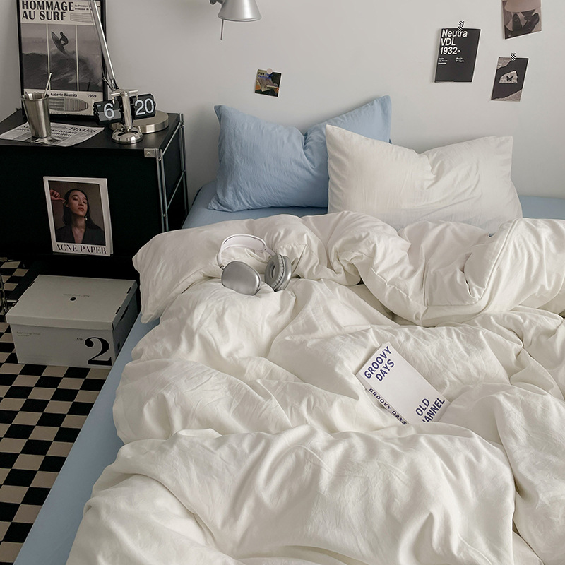 Class A super soft washed cotton four-piece set, ins style bedding, solid color bed sheets, bed covers, quilt covers, dormitory three-piece set ~ details Picture