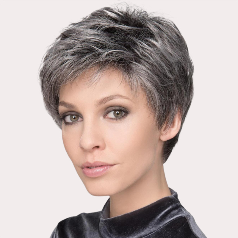 Factory direct sales of wigs, short curly hair, senior gray and white wigs, side-parted bangs, high-temperature silk wigs, one piece of hair details Picture