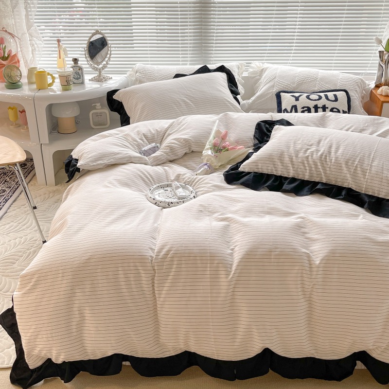 Simple Plain Color Ruffled Cotton 4-Piece Striped Black And White Lace Quilt Set Girl Heart Cotton Princess Style Bed Specification drawing