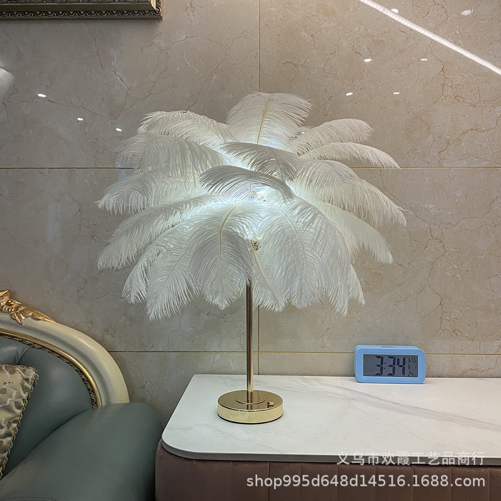 Rechargeable ostrich feather desk lamp, bedroom bedside lamp, creative Nordic light luxury romantic night lamp, warm decorative desk lamp Specification image