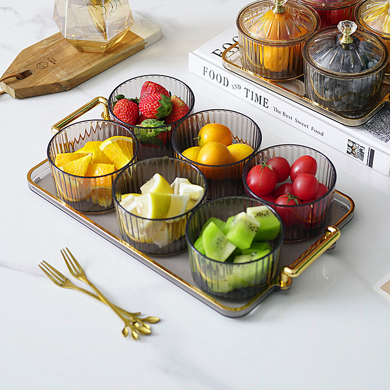 Light luxury feng shui fruit plate, household dried fruit snack plate, living room coffee table, compartments, small food platter, plastic round snack plate, golden castle vase Specification image