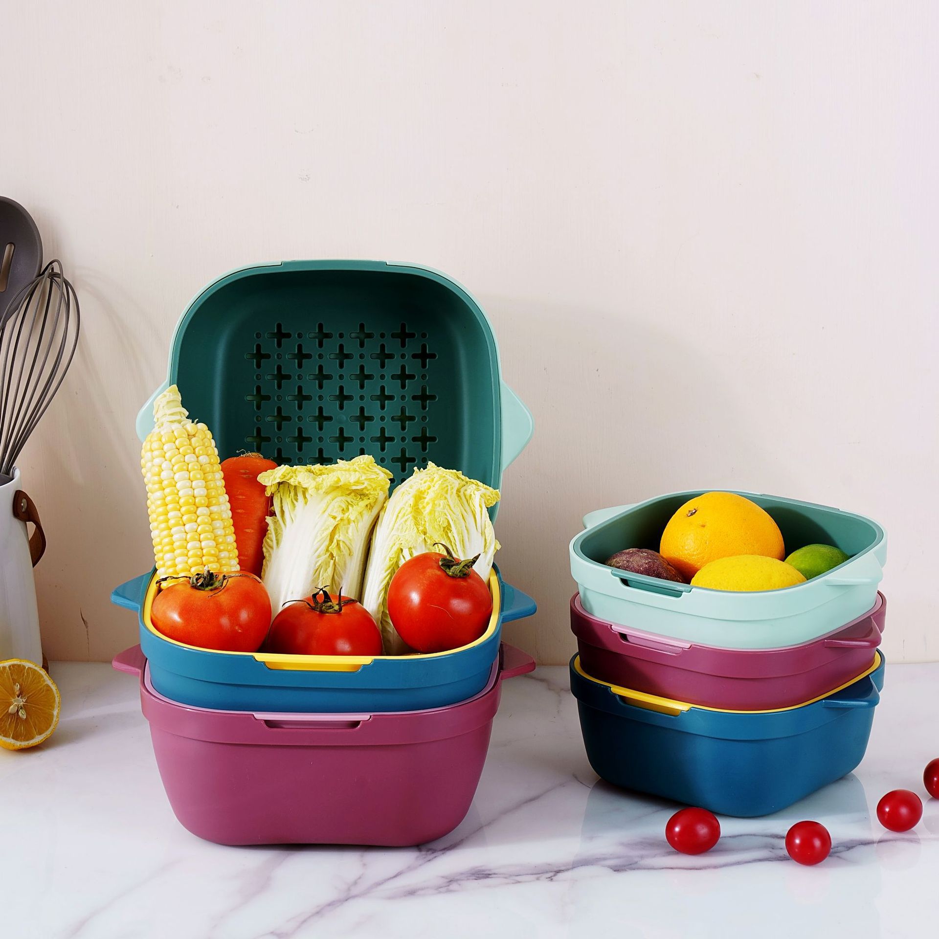 Household kitchen multi-purpose draining basket, vegetable basin, Nordic style double-layer plastic fruit washing plate, square bowl and chopstick storage basket Application Scenario
