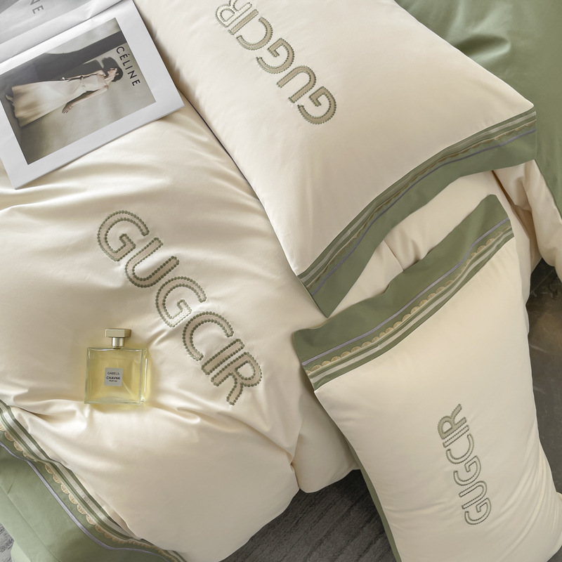 Autumn and winter all-cotton brushed four-piece set, long-staple cotton thickened warm quilt cover, embroidered craft bed sheets, bed covers and bedding Specification image