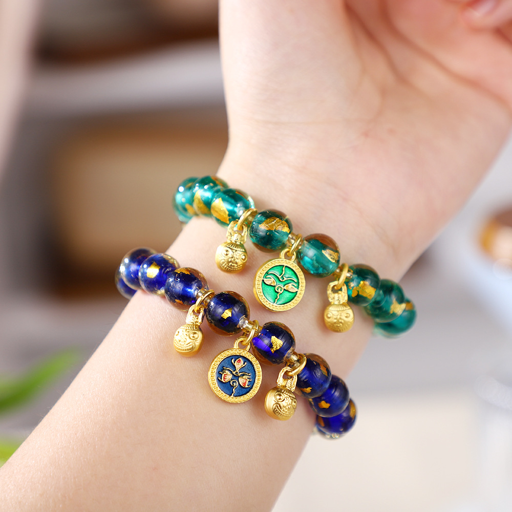 北京金箔香灰琉璃手串古法沙金五路财神手链网红款单圈招财手饰品