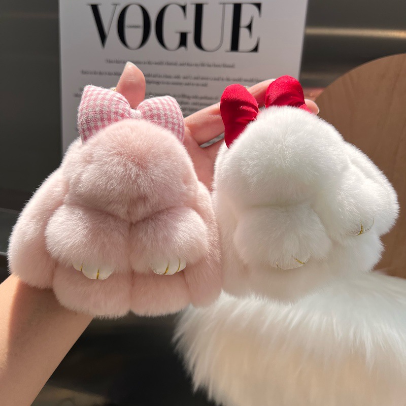 Cute Rex rabbit fur bow, little rabbit, car keychain, pendant, ins plush toy, schoolbag details Picture