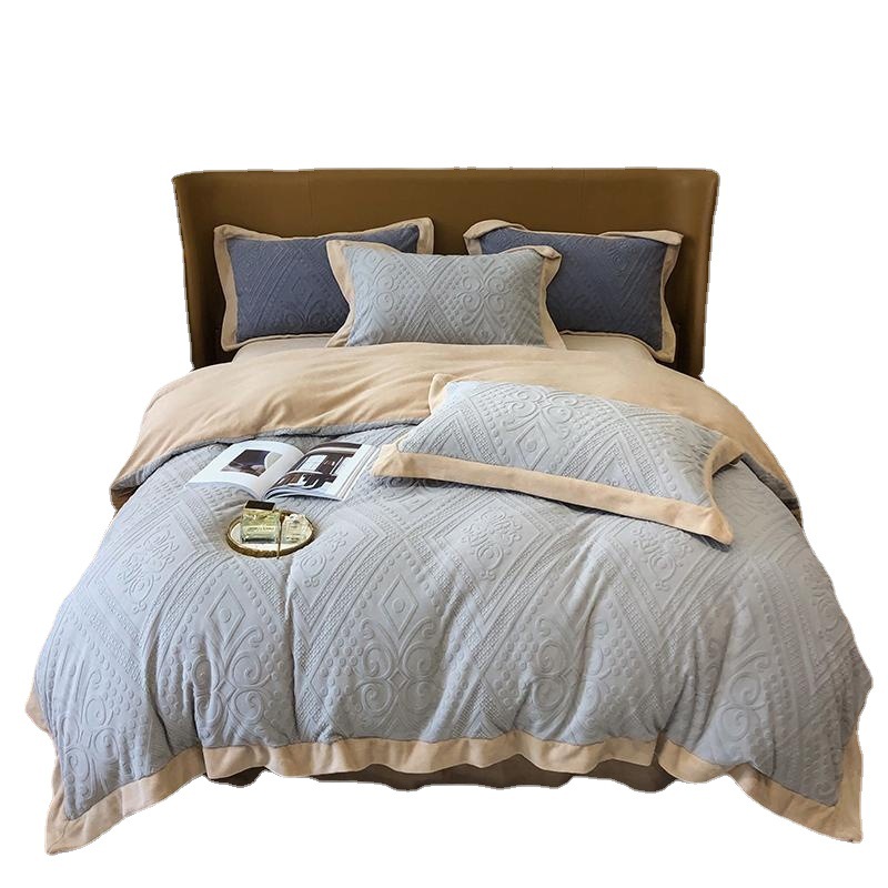 Class A Baby Fleece 4-Piece Set European Milk Fleece Thickened Coral Fleece Duvet Cover With Fleece Flannel Winter 1.8 Bed Cap Item Picture