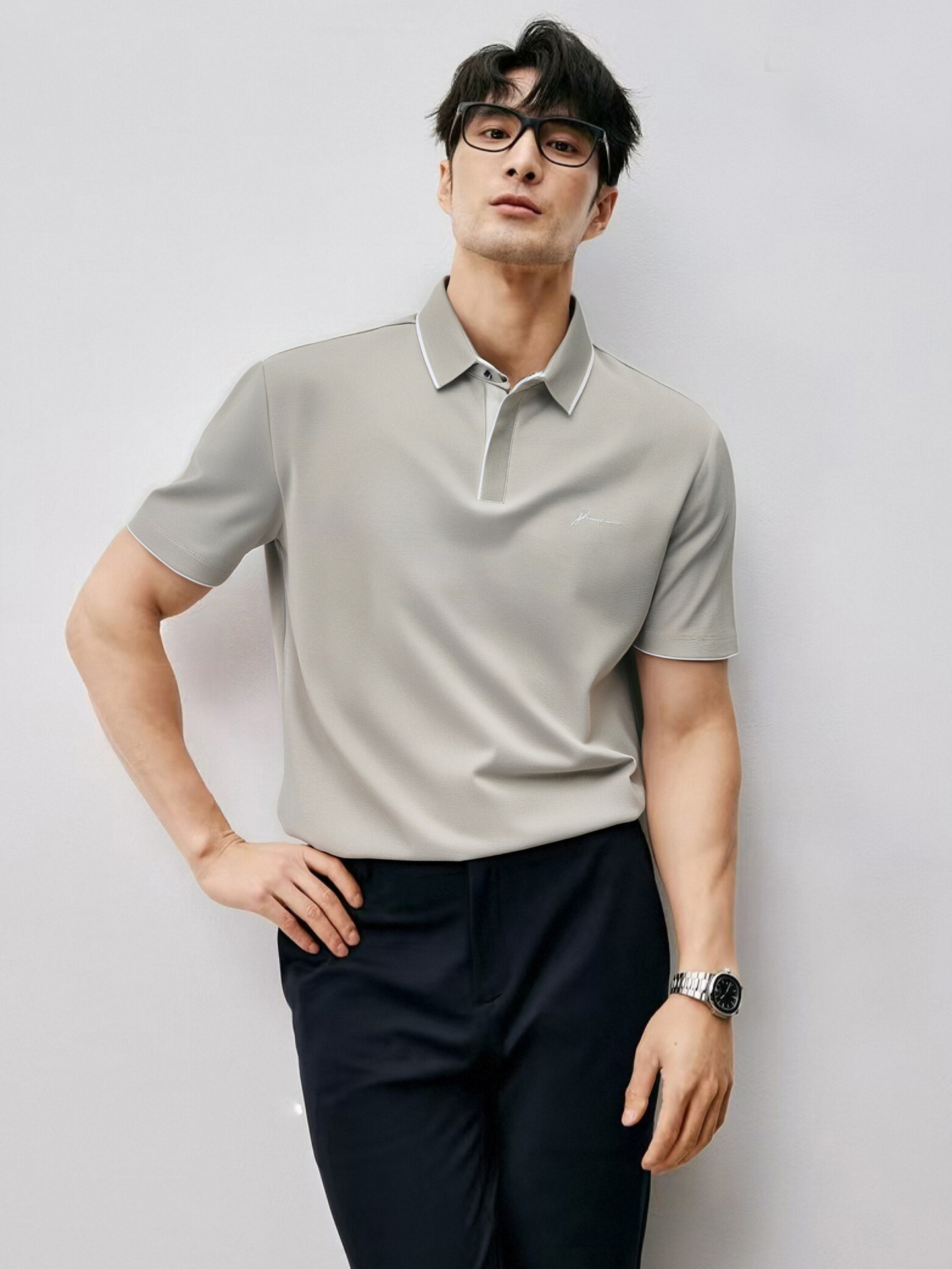 2025 New men's trendy color-blocking PoloT T-shirt, personalized artistic signature embroidered top, summer skin-friendly cotton slimming Item Picture