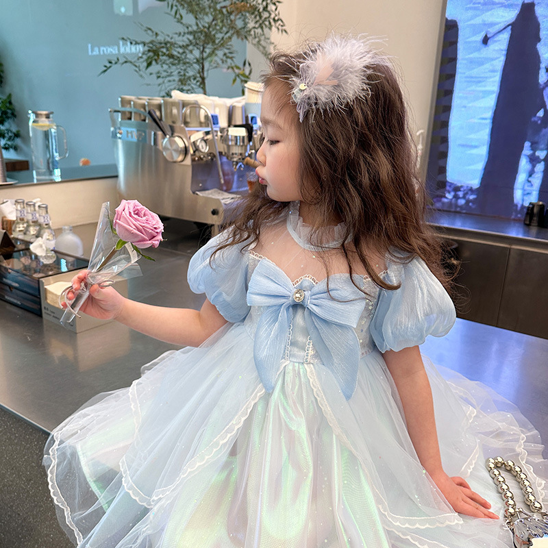 Girls' summer dress 2023 New style Children's bow bow Little and middle school girls' stylish princess dress performance outfit details Picture