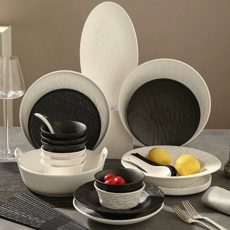 Creative Western-style plates, steak plates, ceramic household vegetable plates, dessert plates, breakfast plates, light luxury hotel tableware, stone-patterned items details Picture