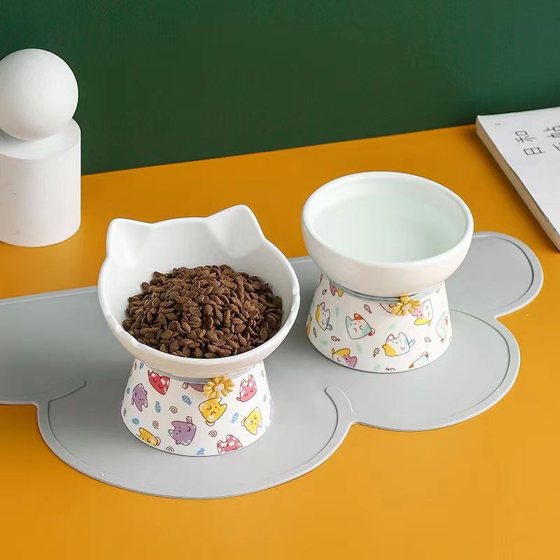 Cat Bowl Ceramic Cat Food Bowl Dog Bowl Anti-Upset One High Foot Diagonal Cute Cat Shape Water Food Bowl Pet details Picture