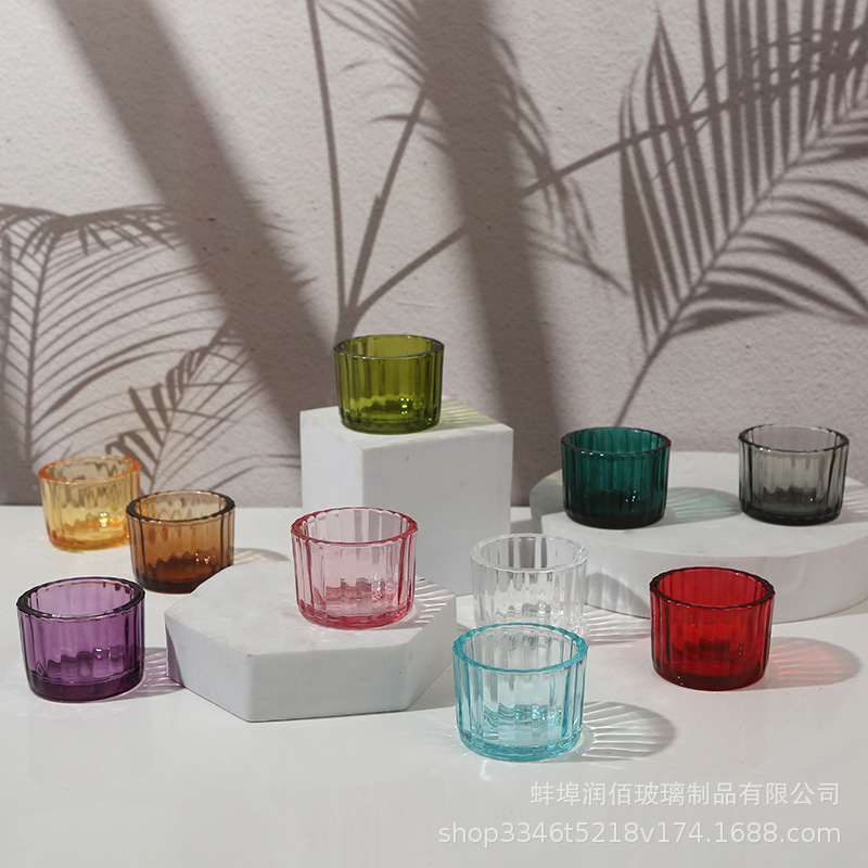 竖条纹茶蜡玻璃烛台加厚玻璃蜡烛杯香薰蜡台光影杯烛台空杯5538
