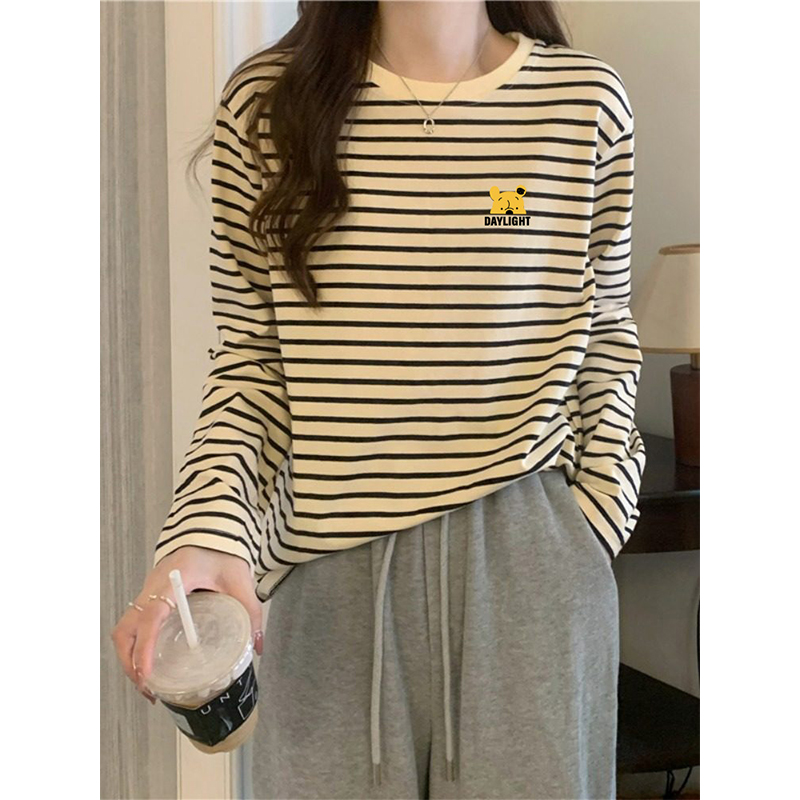 Long-sleeved T-shirt, women's shoulder cotton round neck striped, 2025 new style fashionable and versatile top base layer, spring, autumn and winter details Picture