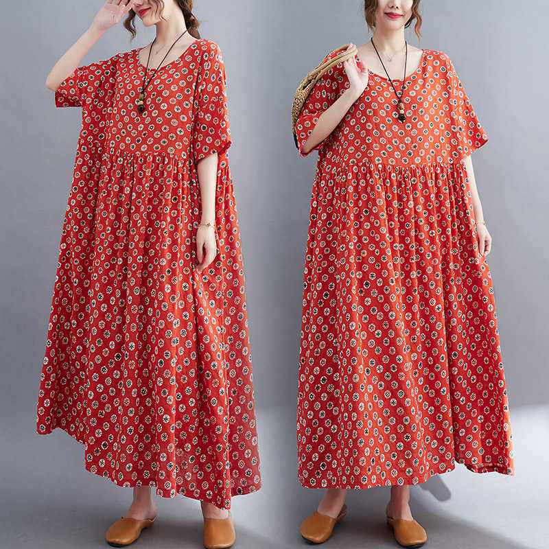 Simple and fashionable 2023 summer new dress, artistic, retro, loose, plus-size red short-sleeved loose long dress for women details Picture